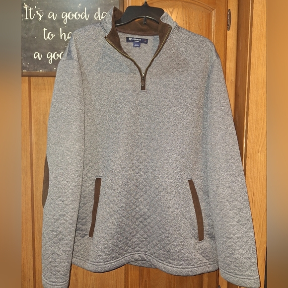 Cremieux Gray Half-Zip Quilted Sweater with Brown Elbow Pads And Collar . EUC - Picture 1 of 9